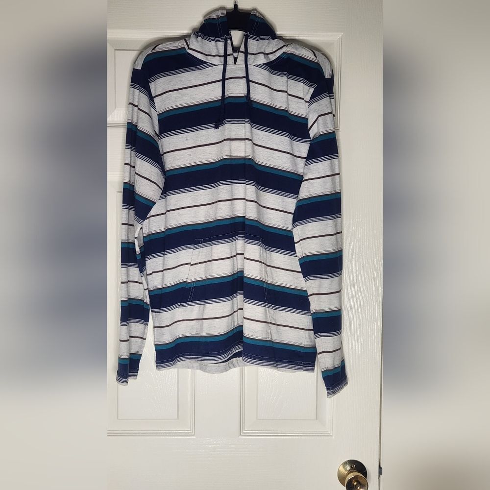 5i Apparel Blue Gray Lightweight Shirt Jacket with Nautical Stripes Men's Hoodie